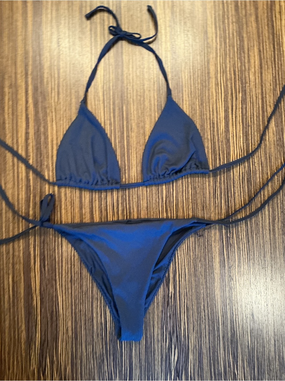 B Swim Ribbed Triangle Bikini Navy Large